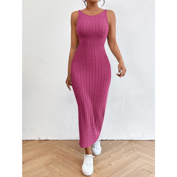 ribbed knit minimalist Solid Backless Tank maxi Dress black - Picture 3 of 11